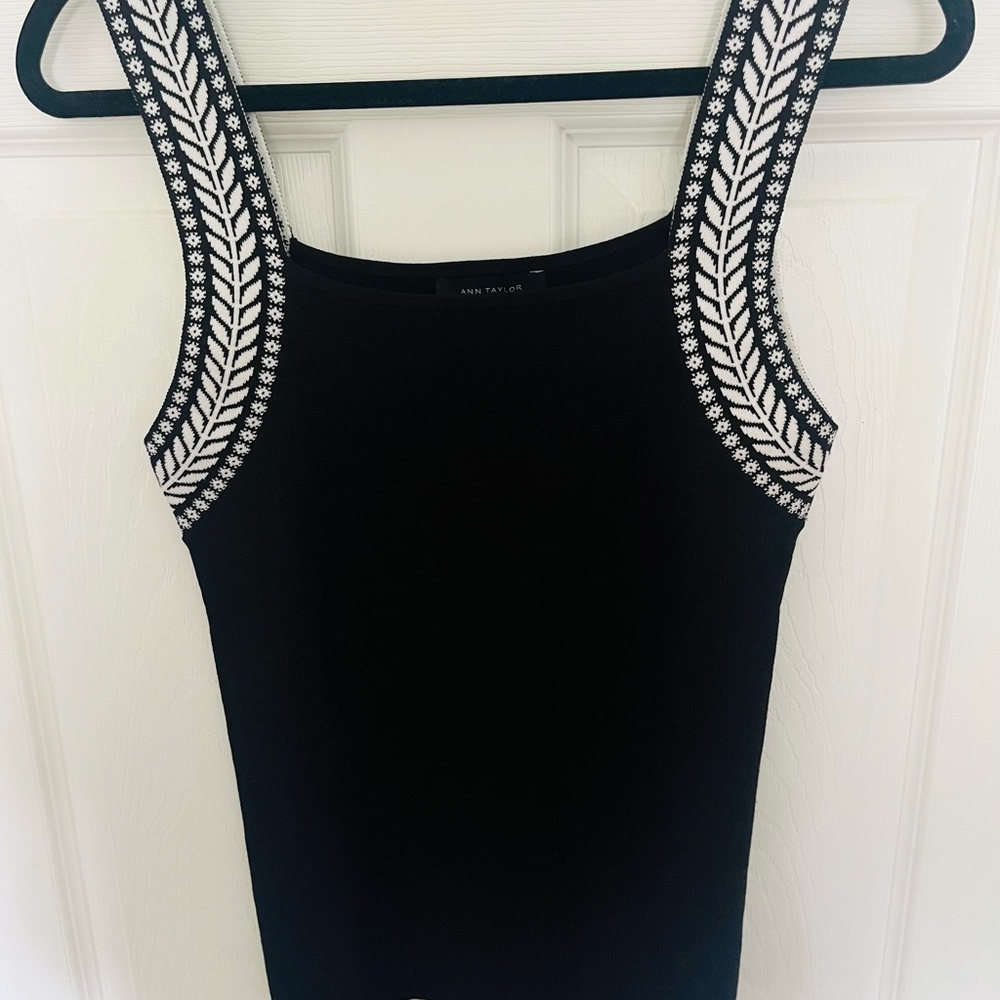 Ann Taylor Black Tank with White Embroidered Straps